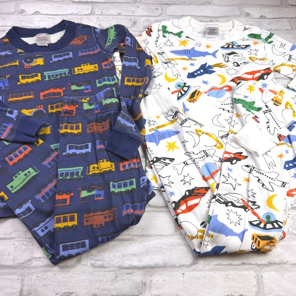 Hanna Andersson Pajamas Lot of 2 Sets Boys 6-7 Blue Train White Space Organic